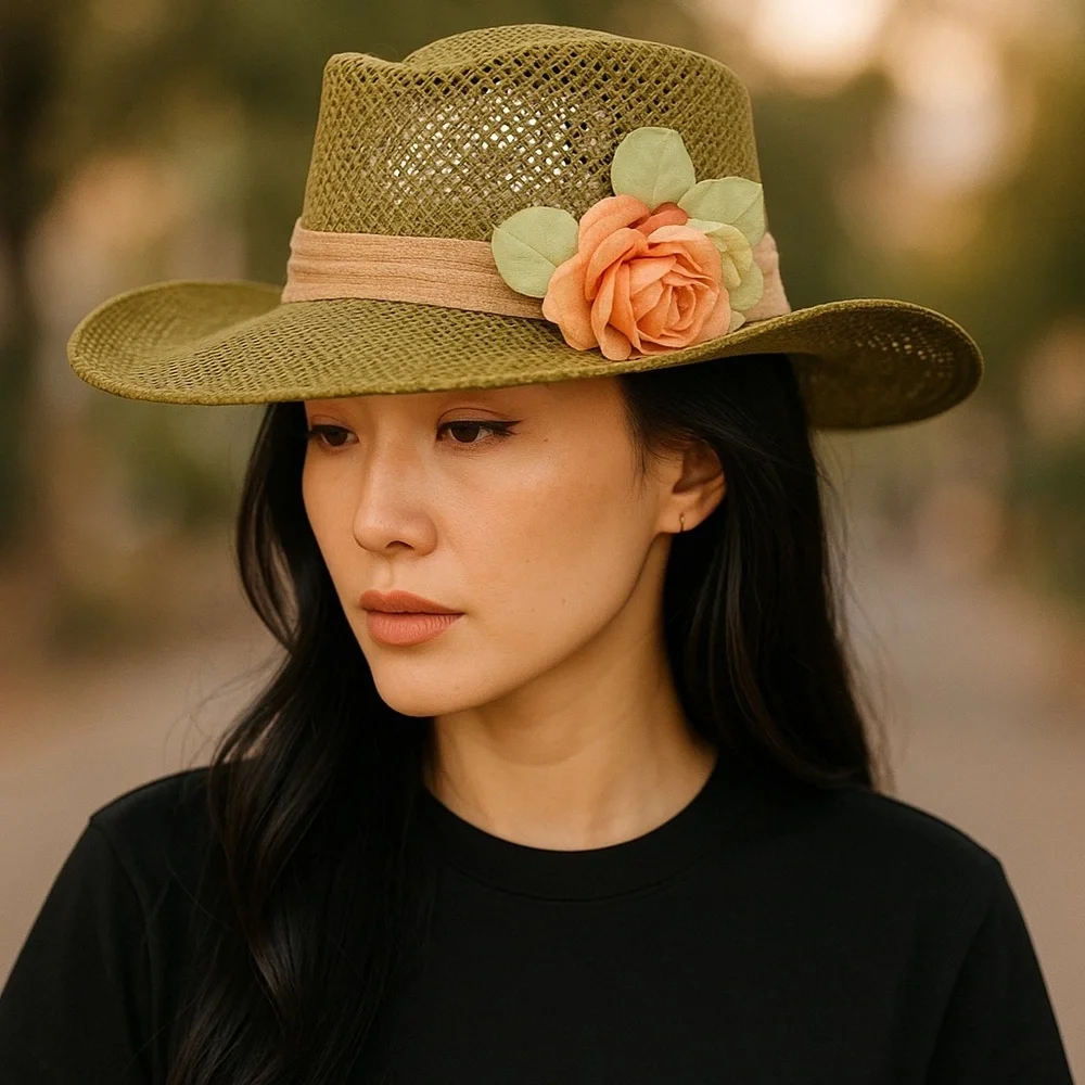 80s Cowboy Olivegreen Straw Hat Western Sun Beach Hiking Resort Travel Fall